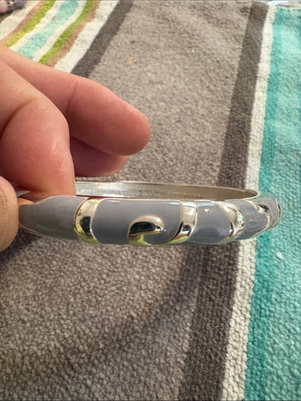 Women's Gray Enamel and Silver-Tone Swirl Bangle Bracelet